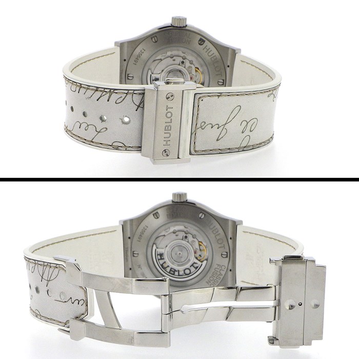 ウブロ Hublot 腕時計 クラシック フュージョン ベルルッティ スクリット フラットビアンコ 511.NE.050W.VR.JBER19 日本限定100本 ホワイト文字盤 白 裏スケ チタン SS ホワイト ラバー/革 ベルト 自動巻き 【箱・保付き】 【中古】