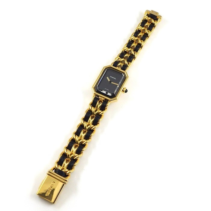 シャネル CHANEL 腕時計 プルミエール M H0001 オクタゴナル ブラック文字盤 チェーンブレス GP レザー クオーツアナログ 【中古】