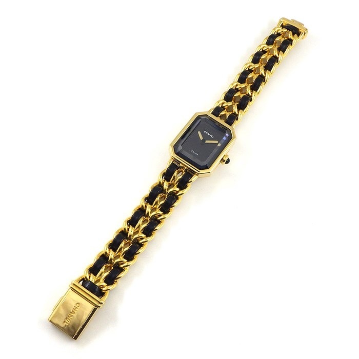 シャネル CHANEL 腕時計 プルミエール M H0001 オクタゴナル ブラック文字盤 チェーンブレス GP レザー クオーツアナログ 【中古】