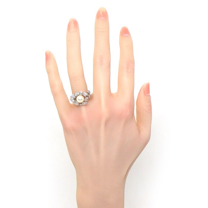 ミキモト MIKIMOTO リング リーフモチーフ アコヤ真珠 7.5mm珠 ダイヤモンド K18WG 11号 【中古】