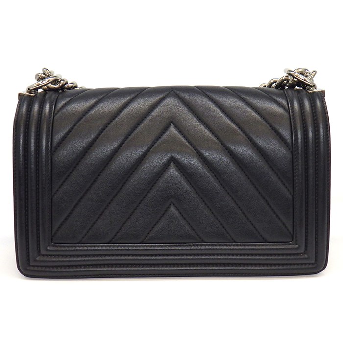 シャネル CHANEL ハンドバッグ ショルダーバッグ ボーイシャネル 25 シェブロン A67086 ブラック グレー ラムスキン シルバー金具 【中古】