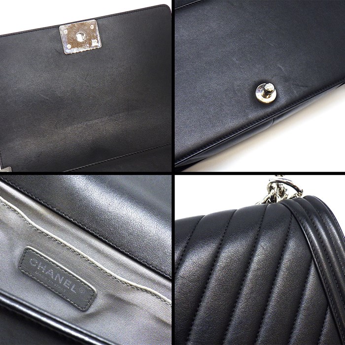 シャネル CHANEL ハンドバッグ ショルダーバッグ ボーイシャネル 25 シェブロン A67086 ブラック グレー ラムスキン シルバー金具 【中古】