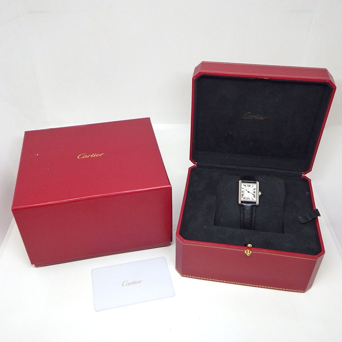 カルティエ Cartier 腕時計 タンク マスト SM WSTA0042 レクタンギュラー シルバー文字盤 SS ブラック グレインド カーフレザーベルト クオーツアナログ 【箱・保付き】 【中古】