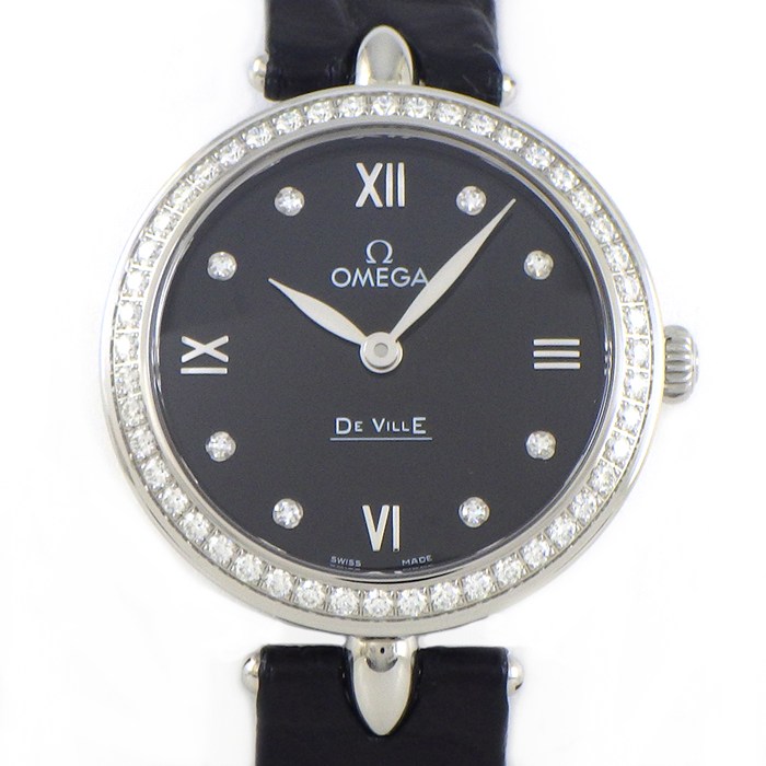オメガ OMEGA 腕時計 デ・ヴィル プレステージ デュードロップ 424.18.27.60.51.001 ダイヤベゼル 8ポイント ダイヤインデックス ブラック 文字盤 SS ブラック アリゲーターレザーベルト クオーツアナログ 【箱・保付き】 【中古】