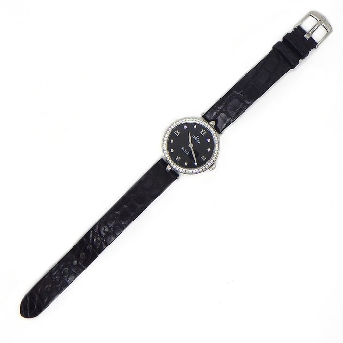 オメガ OMEGA 腕時計 デ・ヴィル プレステージ デュードロップ 424.18.27.60.51.001 ダイヤベゼル 8ポイント ダイヤインデックス ブラック 文字盤 SS ブラック アリゲーターレザーベルト クオーツアナログ 【箱・保付き】 【中古】