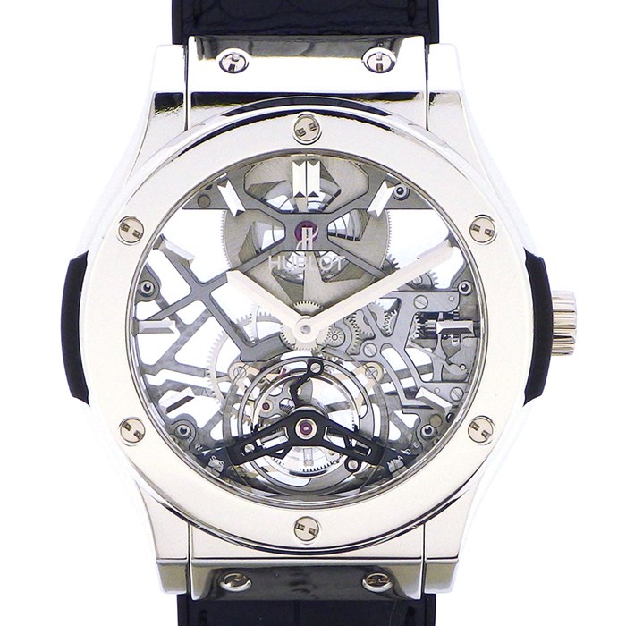 ★最終お値引き品★ 【ウブロ Hublot】腕時計 クラシックフュージョン 505.TX.0170.LR トゥールビヨン スケルトン / 裏スケ 文字盤 99本 限定 PT950 SS ブラック 黒 アリゲーター レザー ベルト 手巻き 