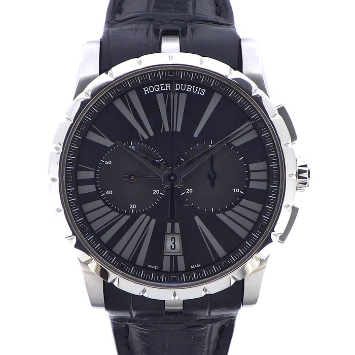 【ロジェ・デュブイ ROGER DUBUIS】腕時計 エクスカリバー クロノグラフ DBEX0387 カレンダー クロノグラフ 3針 スモールセコンド 裏スケ グレー 文字盤 SS ブラック 黒 クロコダイルレザーベルト 自動巻き