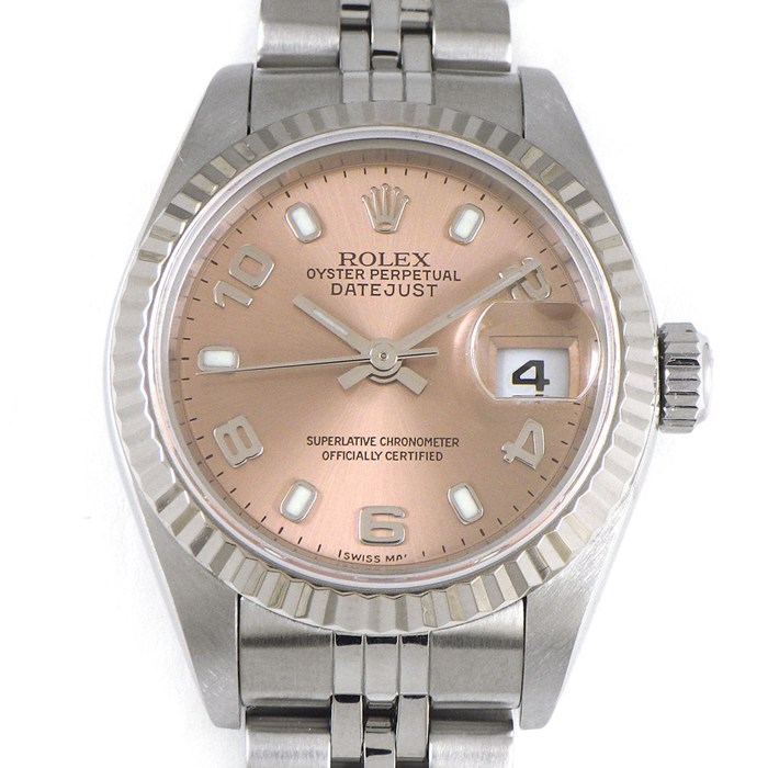 ロレックス Rolex 腕時計 デイトジャスト 79174 F番 夜光インデックス 夜光針 サンレイ ピンク文字盤 フルーテッドベゼル ジュビリーブレス K18WG SS 自動巻き 【中古】