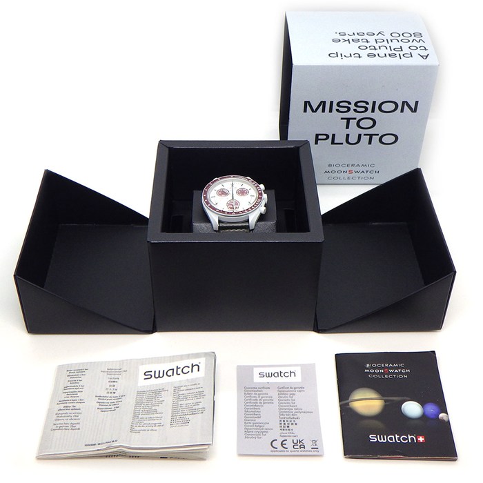 スウォッチ×オメガ Swatch×OMEGA 腕時計 スピードマスター ミッショントゥプルート SO33M101 バーガンディ/ホワイト文字盤 バイオセラミック ナイロンベルト クオーツアナログ 【箱・保付き】 【中古】