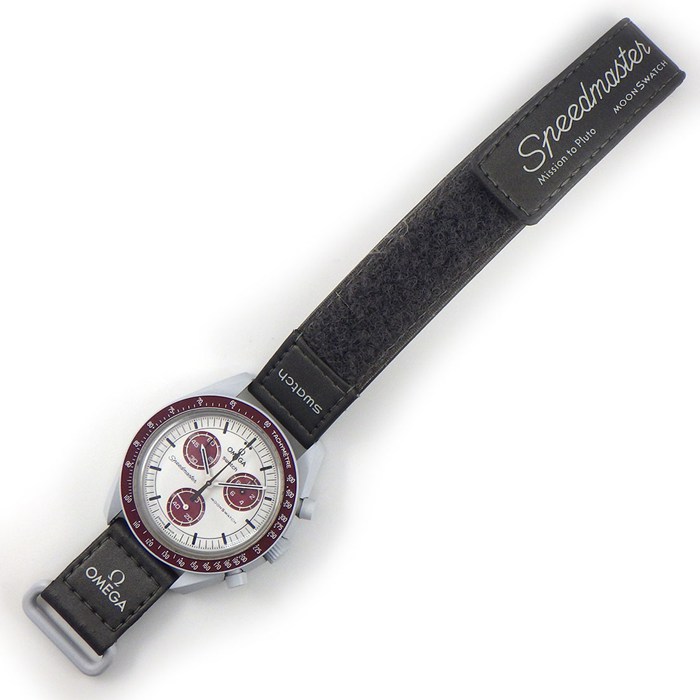 スウォッチ×オメガ Swatch×OMEGA 腕時計 スピードマスター ミッショントゥプルート SO33M101 バーガンディ/ホワイト文字盤 バイオセラミック ナイロンベルト クオーツアナログ 【箱・保付き】 【中古】