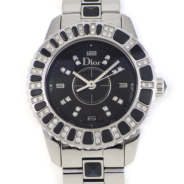 クリスチャンディオール Christian Dior 腕時計 クリスタル CD112116-V ダイヤベゼル 16ポイント ダイヤインデックス ブラック文字盤 回転ベゼル 夜光針 SS ブラック セラミック クオーツアナログ 【中古】