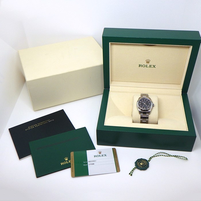 ロレックス Rolex 腕時計 オイスター パーペチュアル 31mm 177200 ルーレット刻印 ピンク 夜光インデックス ブラック文字盤 SS 自動巻き 【箱・保付き】 【中古】