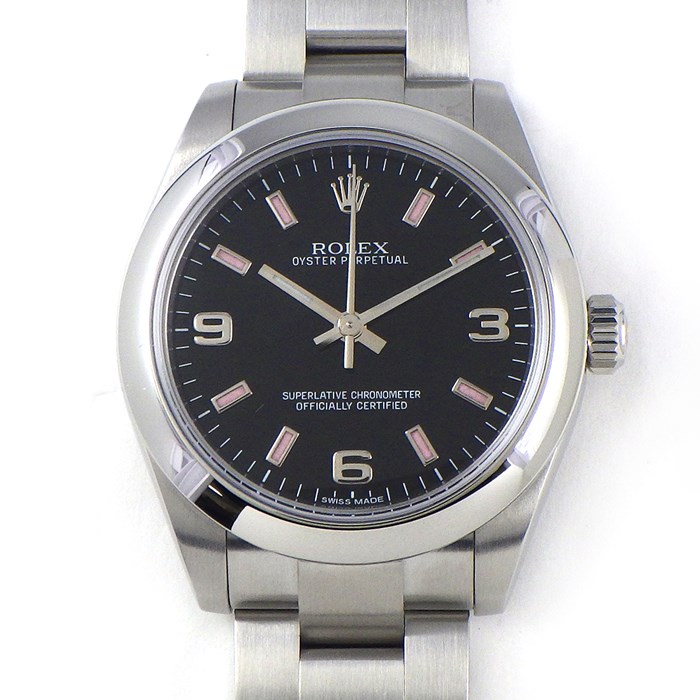 ロレックス Rolex 腕時計 オイスター パーペチュアル 31mm 177200 ルーレット刻印 ピンク 夜光インデックス ブラック文字盤 SS 自動巻き 【箱・保付き】 【中古】