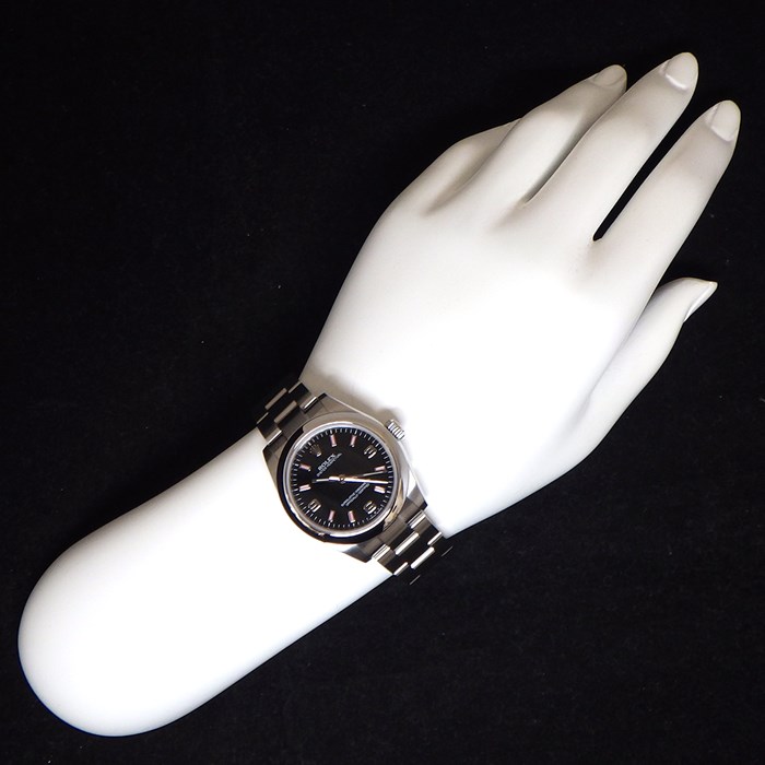 ロレックス Rolex 腕時計 オイスター パーペチュアル 31mm 177200 ルーレット刻印 ピンク 夜光インデックス ブラック文字盤 SS 自動巻き 【箱・保付き】 【中古】