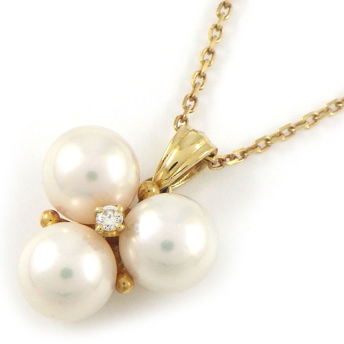 ミキモト MIKIMOTO ネックレス 3ポイント パール 7mm珠 1ポイント ダイヤモンド K18YG 【中古】