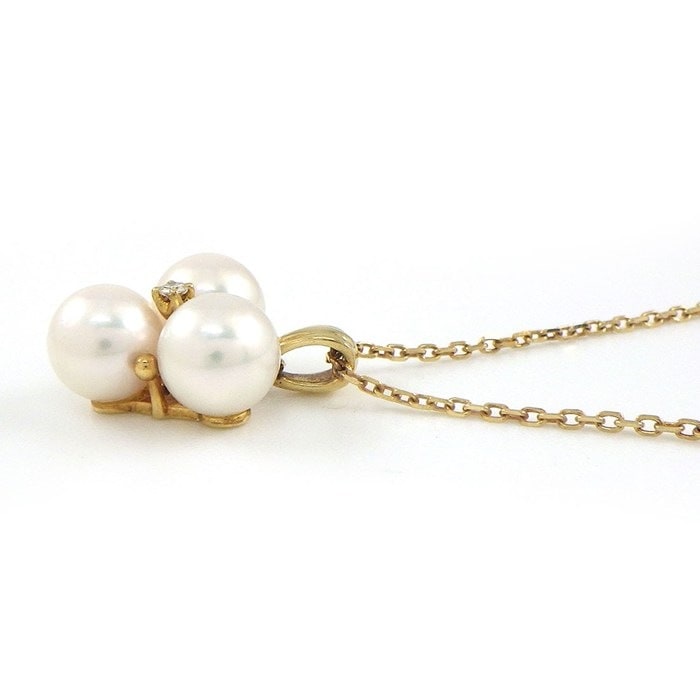 ミキモト MIKIMOTO ネックレス 3ポイント パール 7mm珠 1ポイント ダイヤモンド K18YG 【中古】