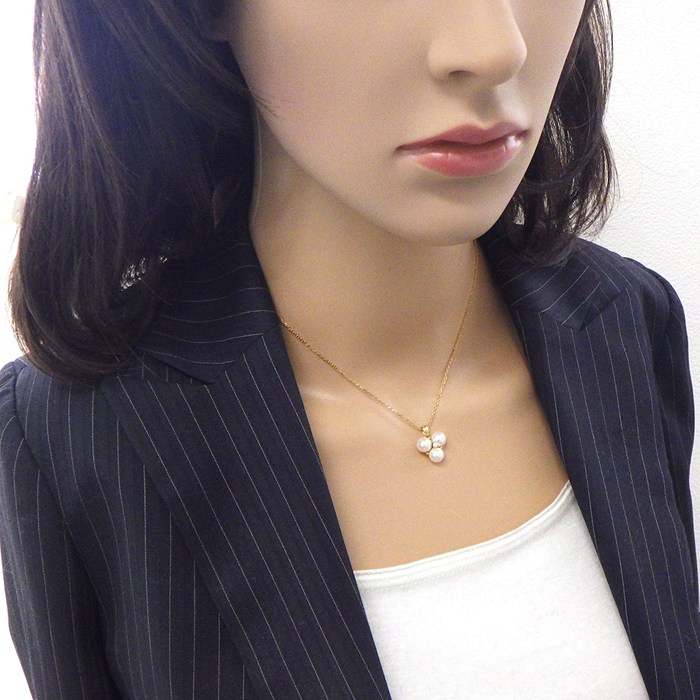 ミキモト MIKIMOTO ネックレス 3ポイント パール 7mm珠 1ポイント ダイヤモンド K18YG 【中古】