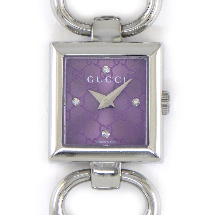 グッチ GUCCI 腕時計 トルナヴォーニ 120 4ポイント ダイヤインデックス スクエア GG ロゴ サンレイ パープル文字盤 SS クオーツアナログ 【中古】