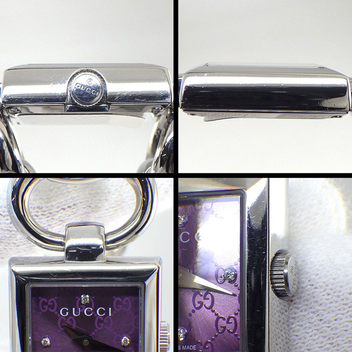グッチ GUCCI 腕時計 トルナヴォーニ 120 4ポイント ダイヤインデックス スクエア GG ロゴ サンレイ パープル文字盤 SS クオーツアナログ 【中古】
