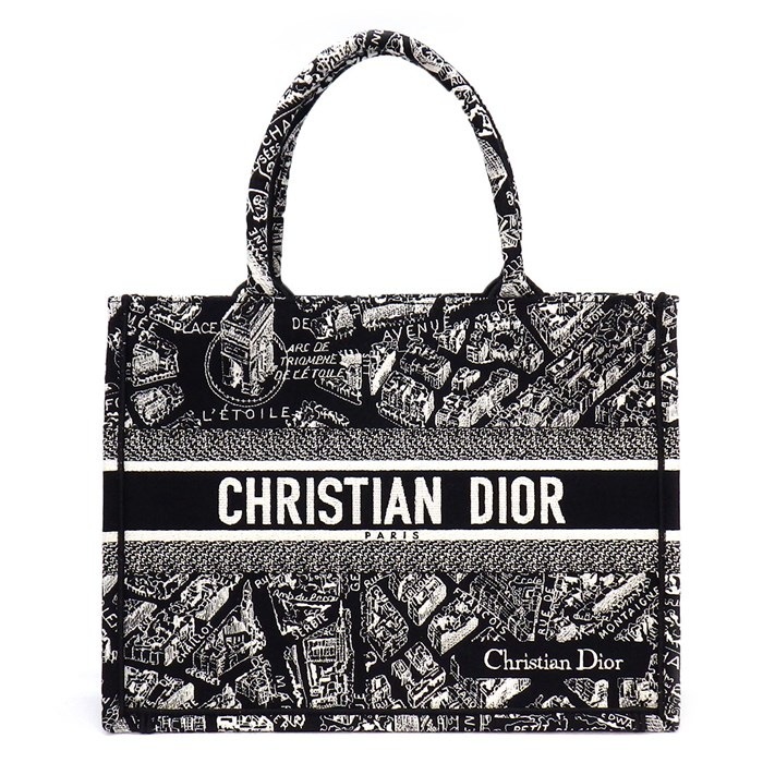 ディオール Dior トートバッグ ハンドバッグ ブックトート ミディアム M1296ZOMP_M46I ブラック ホワイト プラン ドゥ パリ エンブロイダリー (コットン) 【中古】