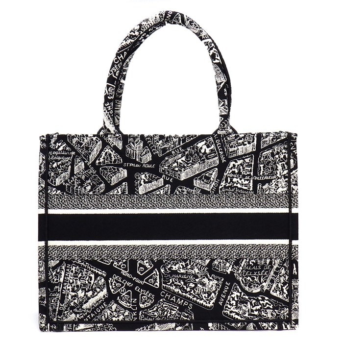 ディオール Dior トートバッグ ハンドバッグ ブックトート ミディアム M1296ZOMP_M46I ブラック ホワイト プラン ドゥ パリ エンブロイダリー (コットン) 【中古】