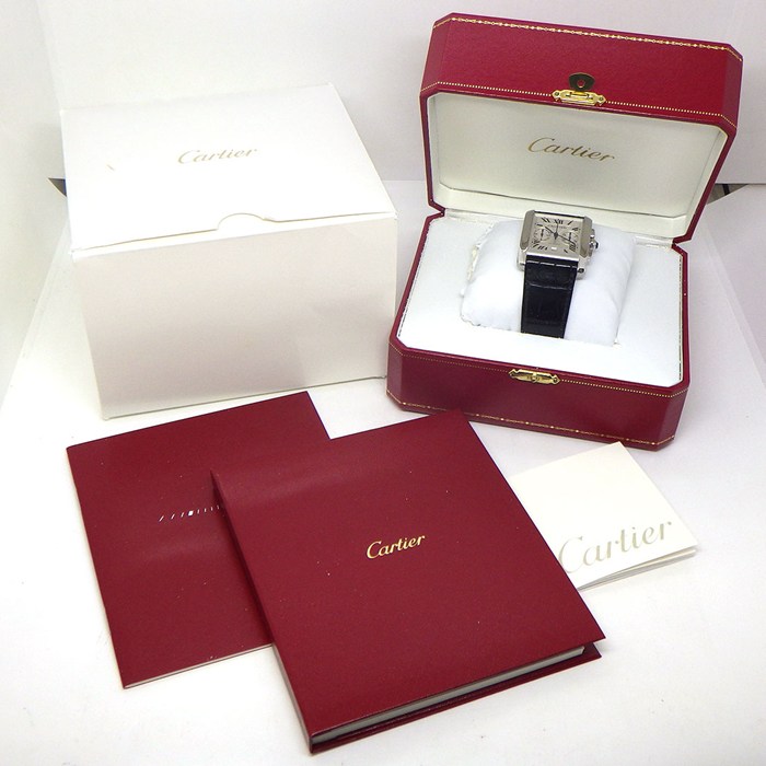 カルティエ Cartier 腕時計 タンクMC W5330007 レクタンギュラー シルバーギョーシェ文字盤 デイト クロノグラフ スモールセコンド ブラック アリゲーターレザーベルト SS 自動巻き 【箱・保付き】 【中古】