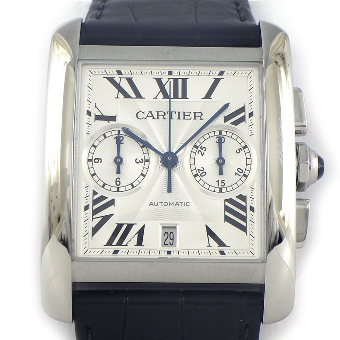 カルティエ Cartier 腕時計 タンクMC W5330007 レクタンギュラー シルバーギョーシェ文字盤 デイト クロノグラフ スモールセコンド ブラック アリゲーターレザーベルト SS 自動巻き 【箱・保付き】 【中古】