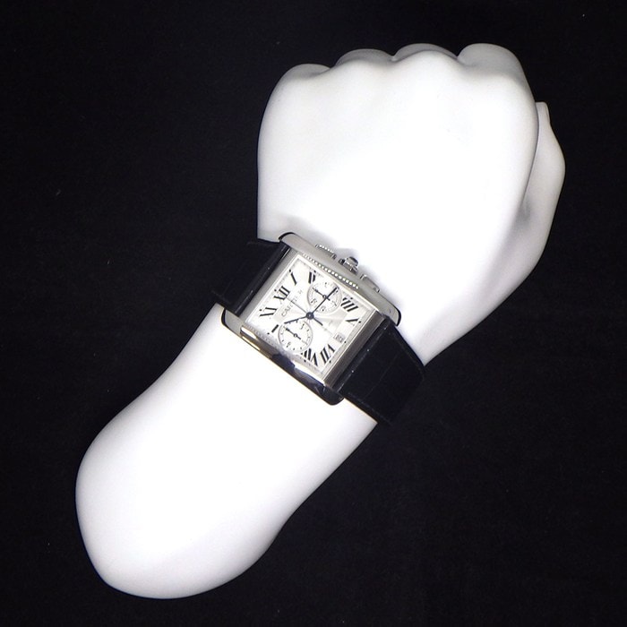 カルティエ Cartier 腕時計 タンクMC W5330007 レクタンギュラー シルバーギョーシェ文字盤 デイト クロノグラフ スモールセコンド ブラック アリゲーターレザーベルト SS 自動巻き 【箱・保付き】 【中古】
