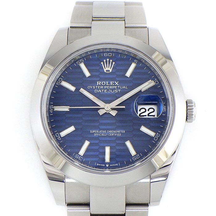 ロレックス Rolex 腕時計 オイスター パーペチュアル デイトジャスト 41 126300 ルーレット刻印 サンレイ ギョーシェ フルーテッドモチーフ ブルー文字盤 オイスターブレス オイスタースチール 自動巻き 【箱・保付き】 【中古】