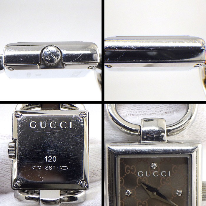 グッチ GUCCI 腕時計 トルナヴォーニ 120 バングルウォッチ ホースビット 4ポイント ダイヤインデックス スクエア GG ロゴ サンレイ ブラウン文字盤 SS クオーツアナログ 【中古】