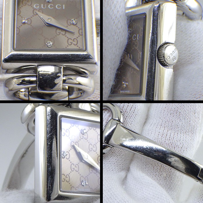 グッチ GUCCI 腕時計 トルナヴォーニ 120 バングルウォッチ ホースビット 4ポイント ダイヤインデックス スクエア GG ロゴ サンレイ ブラウン文字盤 SS クオーツアナログ 【中古】