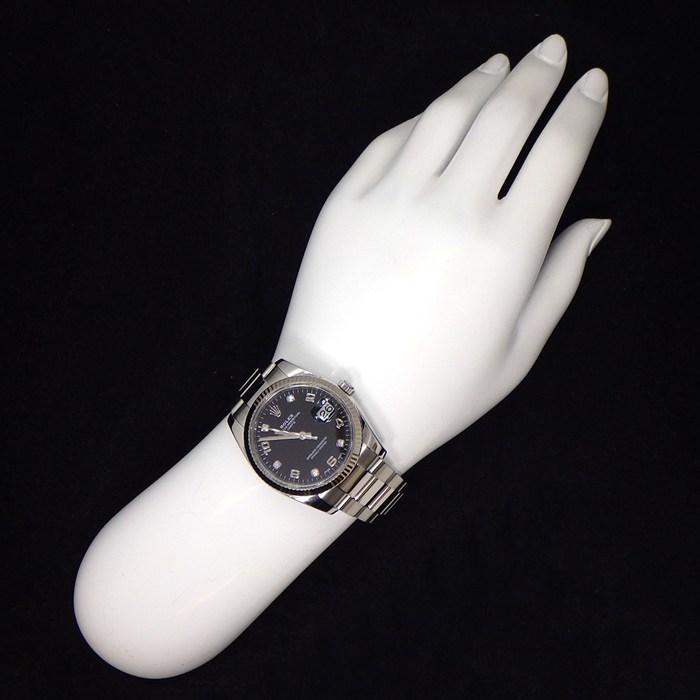 ロレックス Rolex 腕時計 オイスターパーペチュアル デイト 115234G 5ポイント ダイヤインデックス ブラック文字盤 ランダムシリアル ルーレット刻印 K18WG SS 自動巻き 【中古】