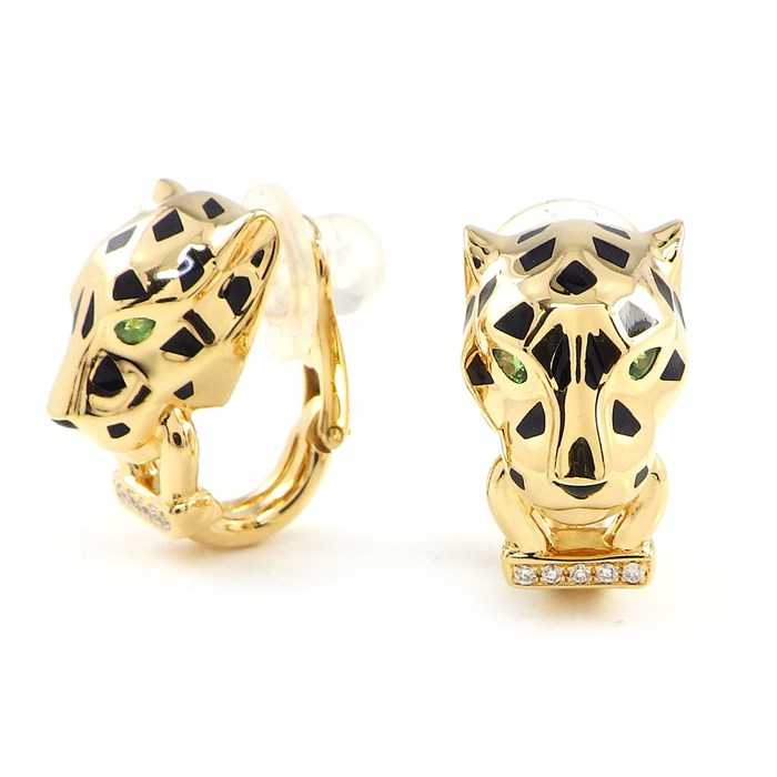 【カルティエ Cartier】イヤリング クリップ パンテール ドゥ カルティエ B8044700 パンサー モチーフ 10ポイント ダイヤモンド 0.02ct 4ポイント ツァボライト グリーン ガーネット 2ポイント オニキス K18YG ブラック ラッカー