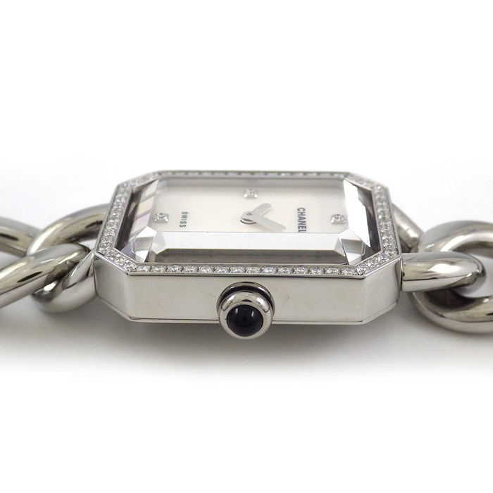シャネル CHANEL 腕時計 プルミエール Lサイズ H1063 ダイヤモンド ベゼル 4ポイント ダイヤインデックス オニキス リューズ ホワイト 文字盤 グルメットチェーン ブレスレット SS 白 クオーツアナログ 【中古】 シャネル CHANEL 腕時計 プルミエール Lサイズ H1063 ダイヤモンド