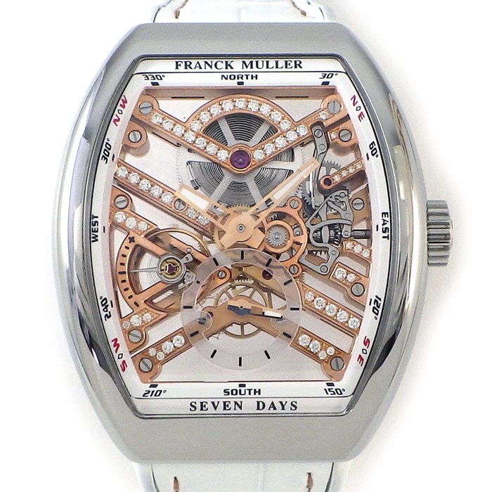フランクミュラー FRANCK MULLER 腕時計 ヴァンガード 7デイズ パワーリザーブ スケルトン V41S6SQTMVTHDSTGAC5N トノー ダイヤ/スケルトン文字盤 ホワイト クロコダイルレザーベルト SS K18PG 手巻き 【中古】