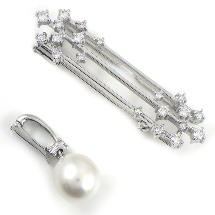 タサキ 田崎真珠 TASAKI ネックレス ブローチ チャーム 2Way セミラウンドパール 白蝶真珠 8.5mm珠 ダイヤモンド 計0.48ct 1ポイント ダイヤモンド 0.01ct K18WG 【中古】