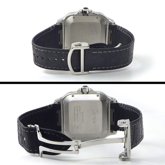 カルティエ Cartier 腕時計 サントス XL WSSA0017 デイト クロノグラフ スモールセコンド 夜光インデックス 夜光針 スクエア シルバー文字盤 SS ブラック アリゲーターレザーベルト 自動巻き 【中古】