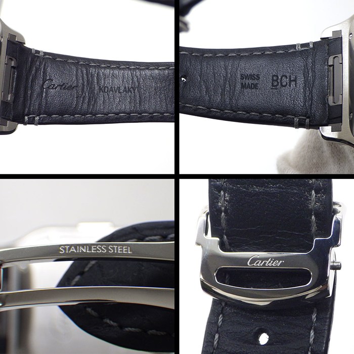 カルティエ Cartier 腕時計 サントス XL WSSA0017 デイト クロノグラフ スモールセコンド 夜光インデックス 夜光針 スクエア シルバー文字盤 SS ブラック アリゲーターレザーベルト 自動巻き 【中古】