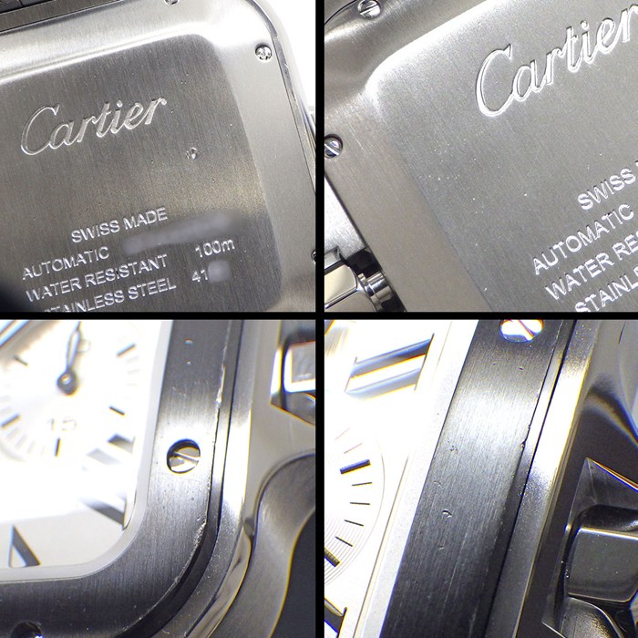 カルティエ Cartier 腕時計 サントス XL WSSA0017 デイト クロノグラフ スモールセコンド 夜光インデックス 夜光針 スクエア シルバー文字盤 SS ブラック アリゲーターレザーベルト 自動巻き 【中古】