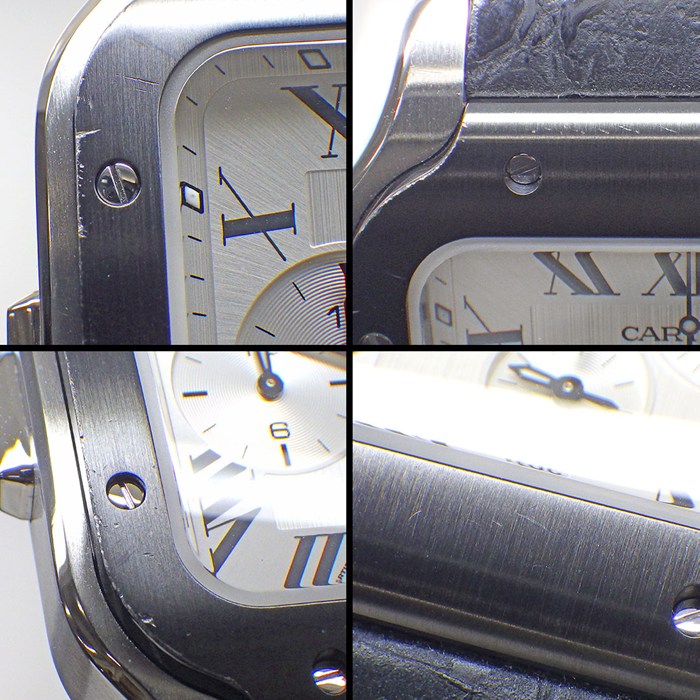 カルティエ Cartier 腕時計 サントス XL WSSA0017 デイト クロノグラフ スモールセコンド 夜光インデックス 夜光針 スクエア シルバー文字盤 SS ブラック アリゲーターレザーベルト 自動巻き 【中古】