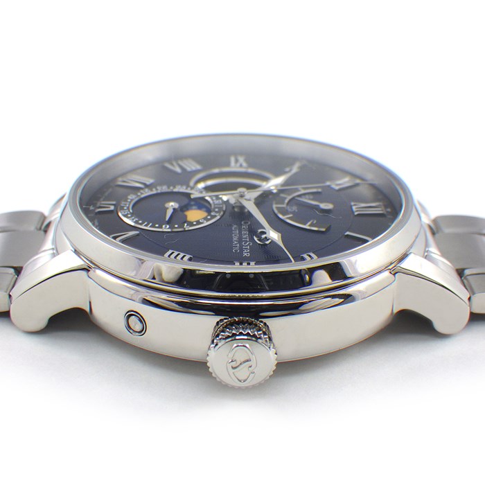オリエントスター ORIENT STAR 腕時計 メカニカルムーンフェイズ 41mm RK-AY0103L/F7M6-UAB0 デイト ムーンフェイズ パワーリザーブ表示 ブルー ギョーシェ スケルトン文字盤 SS 自動巻き 【箱・保付き】 【中古】