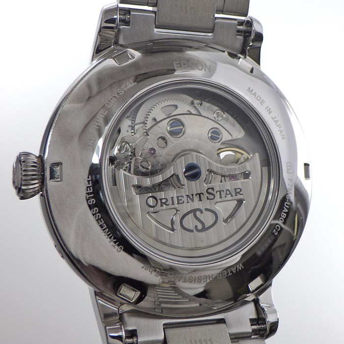 オリエントスター ORIENT STAR 腕時計 メカニカルムーンフェイズ 41mm RK-AY0103L/F7M6-UAB0 デイト ムーンフェイズ パワーリザーブ表示 ブルー ギョーシェ スケルトン文字盤 SS 自動巻き 【箱・保付き】 【中古】