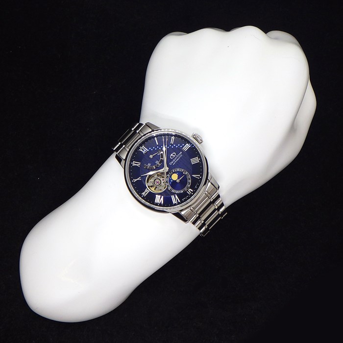 オリエントスター ORIENT STAR 腕時計 メカニカルムーンフェイズ 41mm RK-AY0103L/F7M6-UAB0 デイト ムーンフェイズ パワーリザーブ表示 ブルー ギョーシェ スケルトン文字盤 SS 自動巻き 【箱・保付き】 【中古】