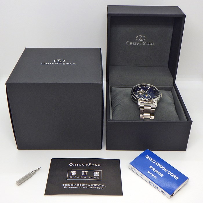 オリエントスター ORIENT STAR 腕時計 メカニカルムーンフェイズ 41mm RK-AY0103L/F7M6-UAB0 デイト ムーンフェイズ パワーリザーブ表示 ブルー ギョーシェ スケルトン文字盤 SS 自動巻き 【箱・保付き】 【中古】