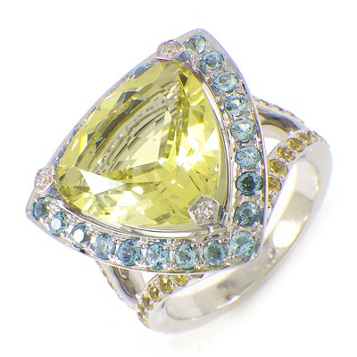 モーブッサン MAUBOUSSIN リング メクラーアトア トライアングルカット レモンクォーツ ブルートパーズ イエローサファイア K18WG 14号 【中古】