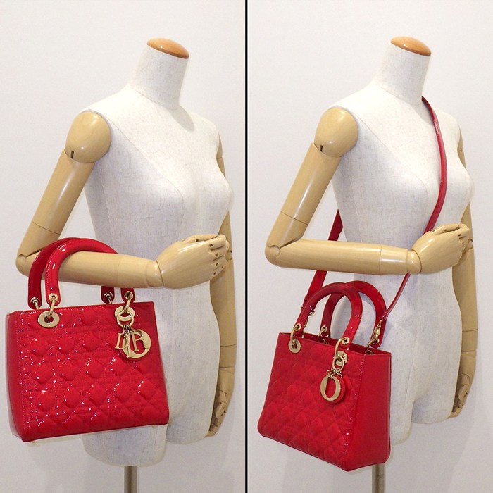 ディオール Dior ハンドバッグ/ショルダーバッグ レディディオール ミディアム レッド パテントレザー ゴールド金具 【中古】
