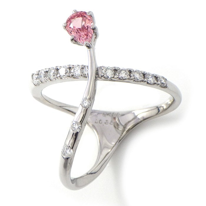 【ペアシェイプパパラチアサファイア ダイヤモンド】 リング 1ポイント ペアシェイプ パパラチアサファイア 0.498ct ダイヤモンド計 0.35ct PT950 16.5号 【中古】