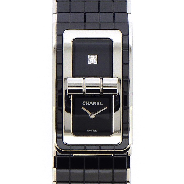 シャネル CHANEL 腕時計 コード ココ H5147 ターンロック 1ポイント プリンセスカット ダイヤモンド 0.05ct レクタンギュラー ブラック文字盤 SS ブラック セラミック メッシュ ベルト 黒 クオーツアナログ 【中古】