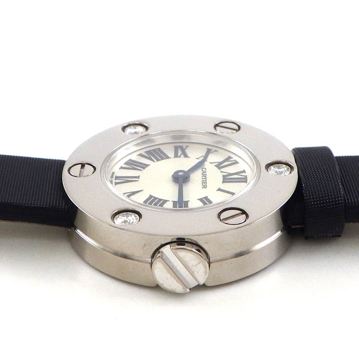 カルティエ Cartier 腕時計 ラブウォッチ WE800131 3ポイント ダイヤベゼル サンレイ シルバー文字盤 K18WG ブラック サテン 革 クオーツアナログ 【中古】 Cartier - カルティエ Cartier 腕時計 ラブウォッチ WE800131 3