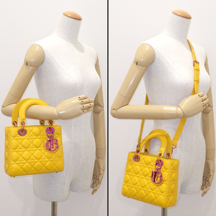 ディオール Dior ハンドバッグ/ショルダーバッグ レディディオール スモール サニーイエロー カナージュラムスキン ピンク金具 【中古】